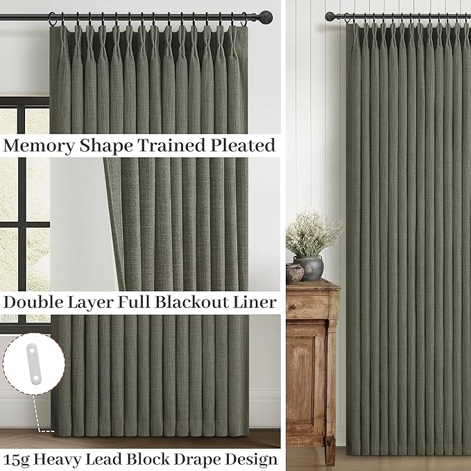 Extra Long Double Layer Linen Blackout Bedroom Window Curtains 105 Inches Long 2 Panels Set, Farmhouse Memory Trained Pinch Pleated Greenish Grey Sound Dampening Large Living Room Curtain 40W x 105L