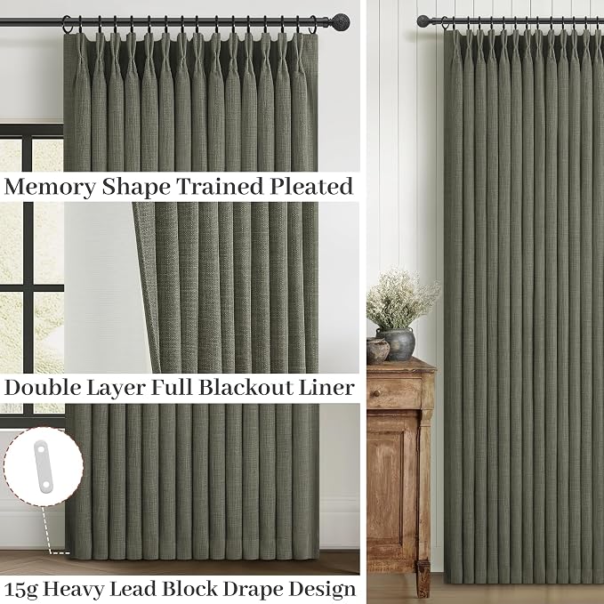 PleatedDrapes Greenish Gray Extra Long Blackout 108 Inch Curtains for Bedroom 2 Panels Set, Elegant High Ceiling Pleat Linen Blend Room Darkening Drapes for Sliding Glass Door Back Tab Decor Curtain