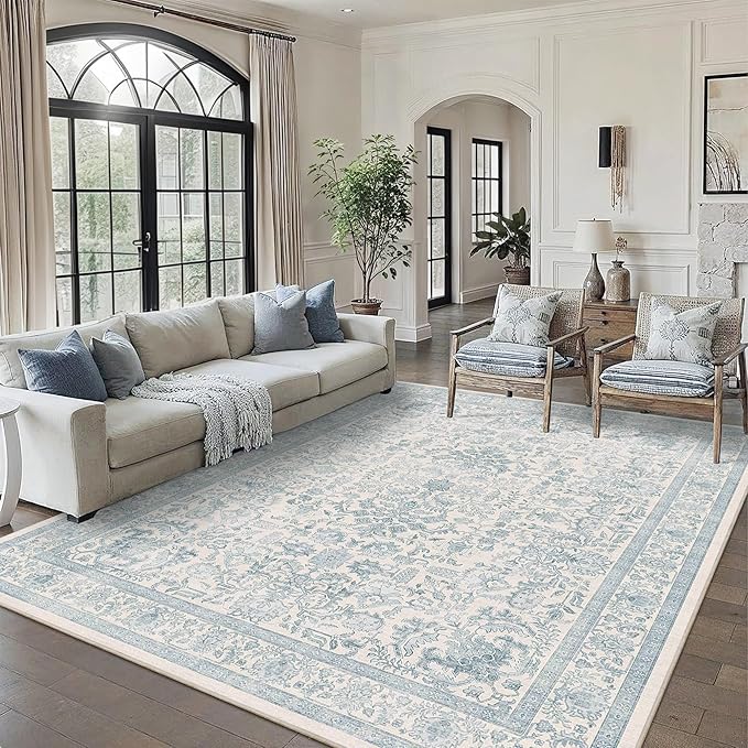 9x12 Blue Washable Area Rugs for Living Room Non Slip Low Pile Vintage Boho Throw Rug Soft Retro Distressed Floral Large Carpet Indoor Farmhouse Decor for Bedroom Dining Room Office Kitchen Playroom