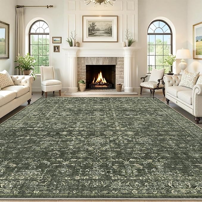 10x12 Green Washable Area Rugs for Living Room Vintage Boho Non Slip Large Rug Distressed Floral Carpet Indoor Retro Soft Low Pile Farmhouse Throw Rug for Bedroom Dining Nursery Office