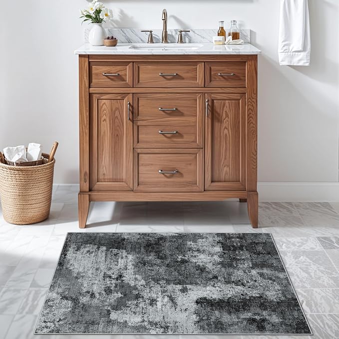 2x3 Rugs for Entryway Washable Abstract: Small Kitchen Rug Modern Non-Slip Front Door Mat for Bathroom Sink Bedroom – Soft Low Pile Thin Indoor Throw Carpet for Neutral Home Decor (2X3 Black-Grey)