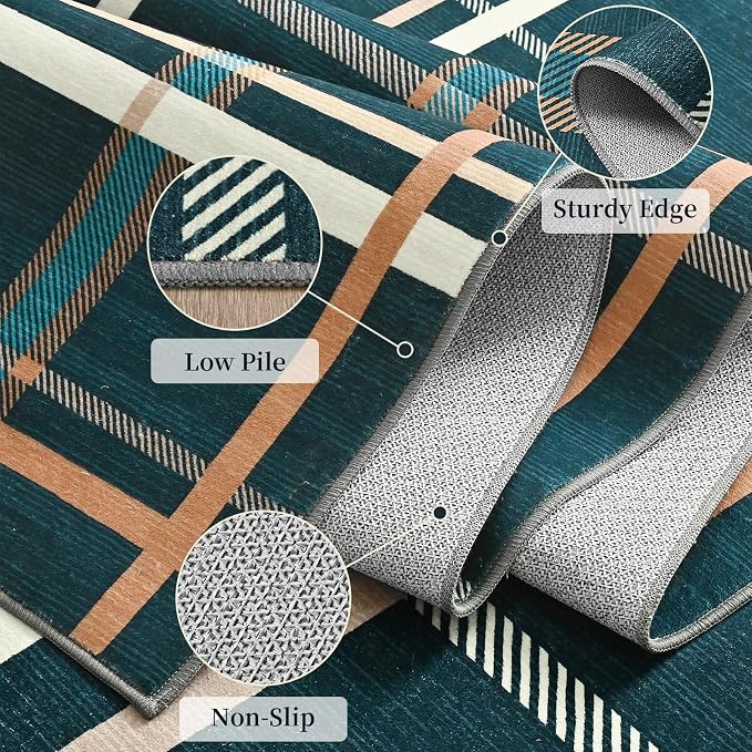 Terrug Plaid Area Rug for Living Room, Blue 5x7 Checkered Rugs Washable with Non Slip for Bedroom, Soft Low Pile Stain Resistance Abstract Carpet for Dinning Room