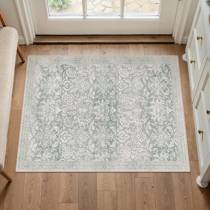 PureCozy Washable Area Rug 2x3, Small Non-Slip Green Entryway Door Mat Vintage Low Plie Thin Indoor Kitchen Bathroom Rug Retro Accent Throw Entrance Bedroom Office Carpet