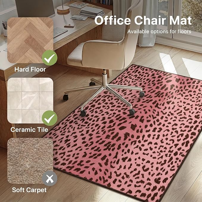 36"x48" Office Chair Mat for Hardwood Tile Floor, Under Desk Carpet Protector for Rolling Computer Chair Mat, Machine Washable Area Rug, Anti-Slip 1/5" Thick Low Pile Thin Vinyl Floor Mat, Tiger Pink