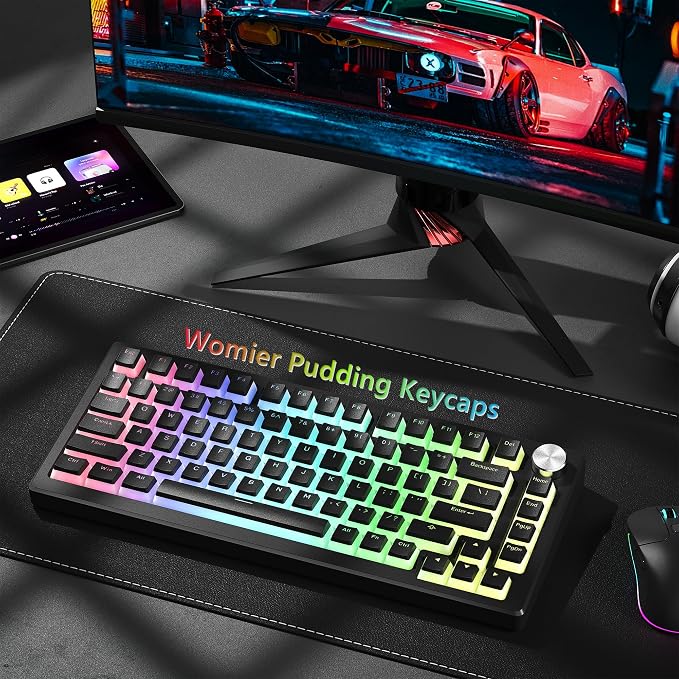 Womier Pudding Keycaps, Black PBT Keycaps 60 65 75 100 Percent 130 Keys, Shine Through Key Cap, OEM Profile for MX-stem Switches Keyboard Caps-Black