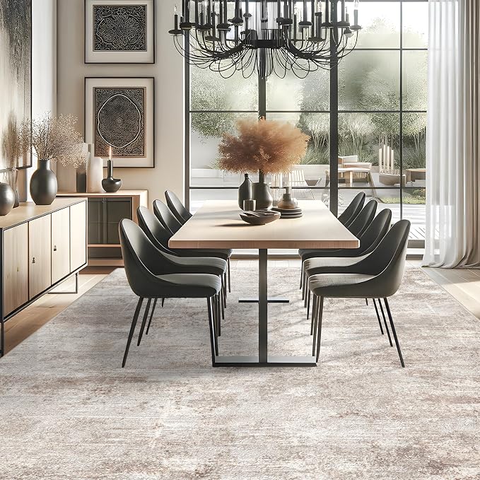 RUUGME 9X12 Abstract Area Rug:Large Washable Living Room Rug Non Slip Low Pile Carpet for Bedroom Soft Foldable Stain Resistant Distressed Thin Rug for Dining Room Kitchen 9X12 Brick/Brown/Beige