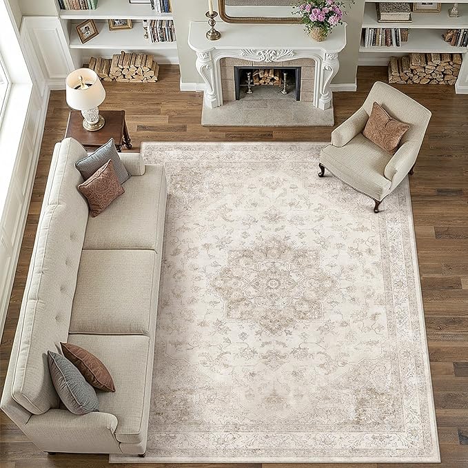 PureCozy Beige Area Rug 9x12 Washable Vintage Carpet for Living Room Bedroom Large Soft Retro Low Pile Thin Indoor Rug Non Slip Oriental Medallion Floor Cover for Dining Room Office