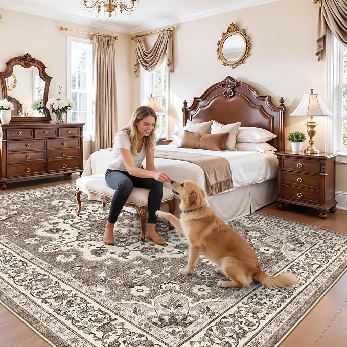 TOPRUUG Washable Oriental Area Rug - Beige 9x11 Area Rugs for Living Room Bedroom Dining Room Under Kitchen Table - Non-Slip & Stain Resistance Rug for High Traffic Area (Beige, 9x11)