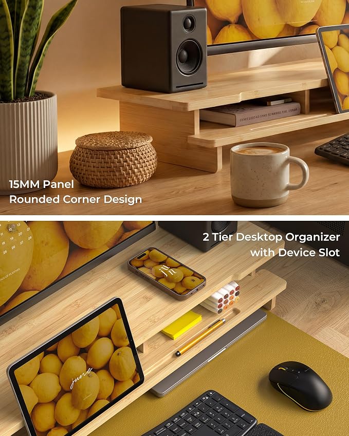 42.5” Dual Monitor Stand with Phone & Tablet Holder Desk Shelf | Bamboo monitor Riser for 55-72 inch Desk Cozy Computer Setup Workplace Organizer Keyboard Storage Ergonomic