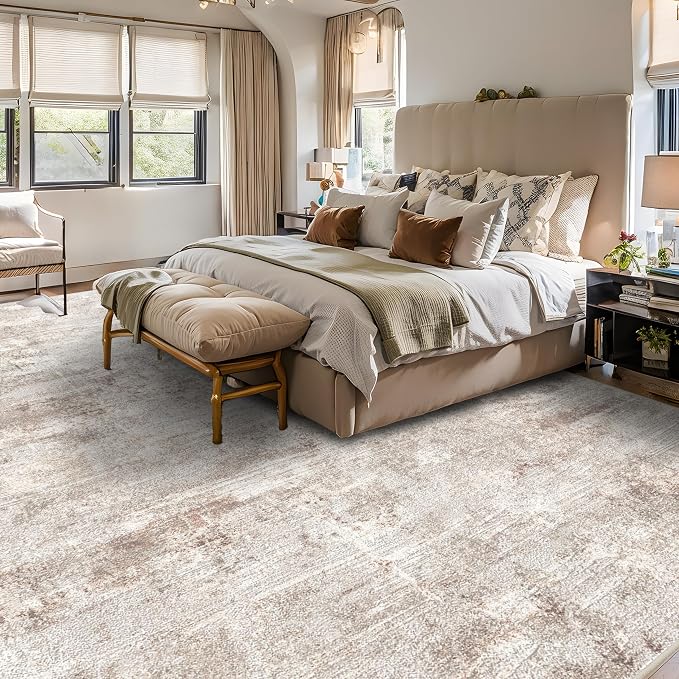 RUUGME 10X14 Abstract Area Rug:Large Washable Living Room Rug Indoor Non Slip Carpet for Bedroom Soft Foldable Stain Resistant Distressed Thin Rug for Dining Room Kitchen 10X14 Brick/Brown/Beige