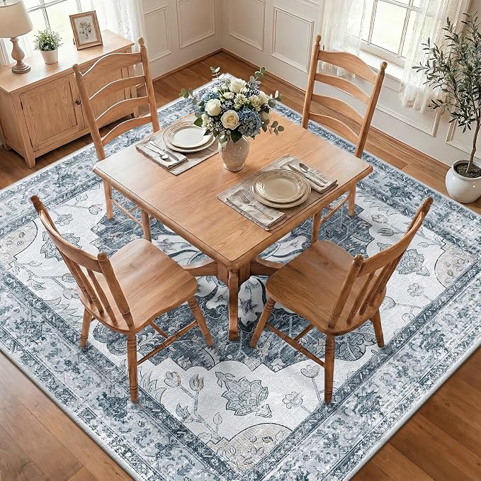 RELEANY Area Rugs Square 7ft Washable Non-Slip, Floral Vintage Distress Medallion Carpet for Living Room Bedroom Dining Room, Light Gray Grey White
