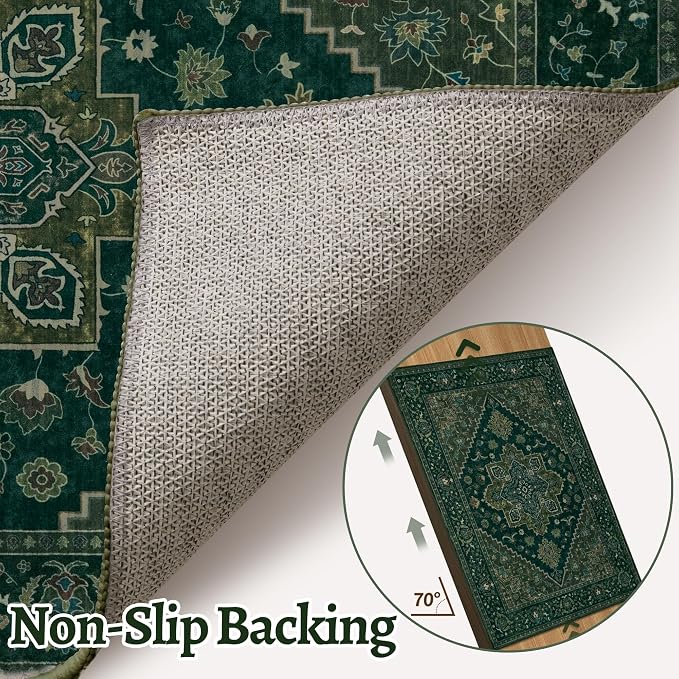 Tangsoo Dark Green 5x7 Area Rug Washable Rugs for Living Room, Vintage Rug Indoor Non Slip Large Area Rugs, Print Carpet, Soft Low Pile Foldable Floor Rug for Bedroom Dining Room Dorm