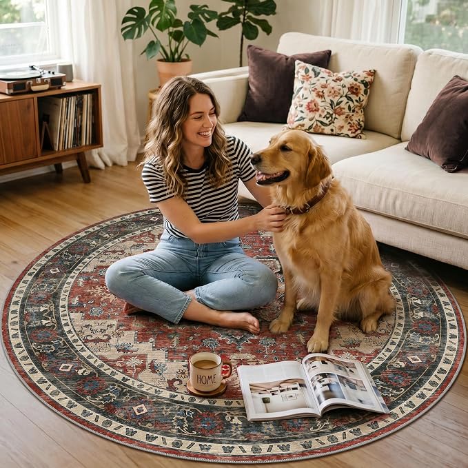 Office Chair Mat for Hardwood Tile Floor, Under Desk Carpet Protector for Rolling Computer Chair Mat, Round Washable Rugs 5ft Circle Area Rug, Anti-Slip 1/5" Thick Low Pile Thin Floor Mat, Annatto