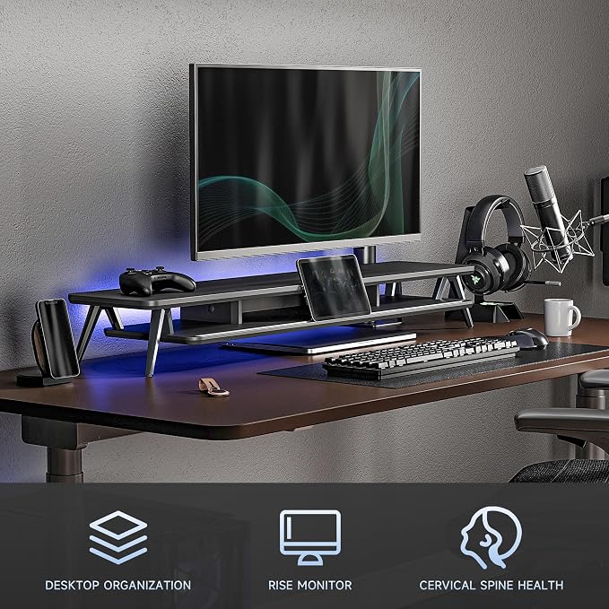 Fenge Dual Monitor Stand, Monitor Stands Riser for 2 monitors, 42.5 Inch Wood Desk Shelf with Storage Organizer and Cable Management for Office Desk Accessories | 42.5-Inch Wide, Sturdy Aluminum Legs, Built-In Phone & Tablet Slot, Desktop Organizer for...