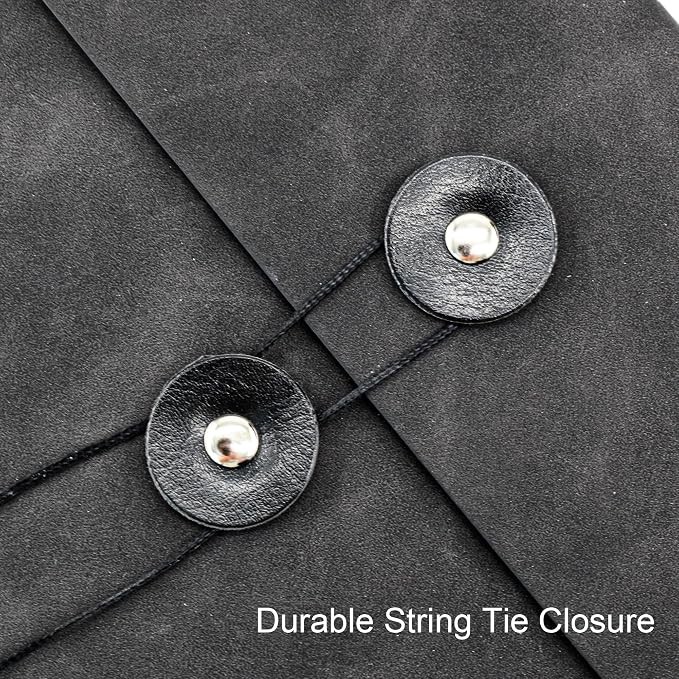 VANRA Vertical PU Leather Envelope File Folders Expanding Document Holder Organizer Pocket Folder Portfolio for A4 Letter Size Paper with String Tie Closure (Black)