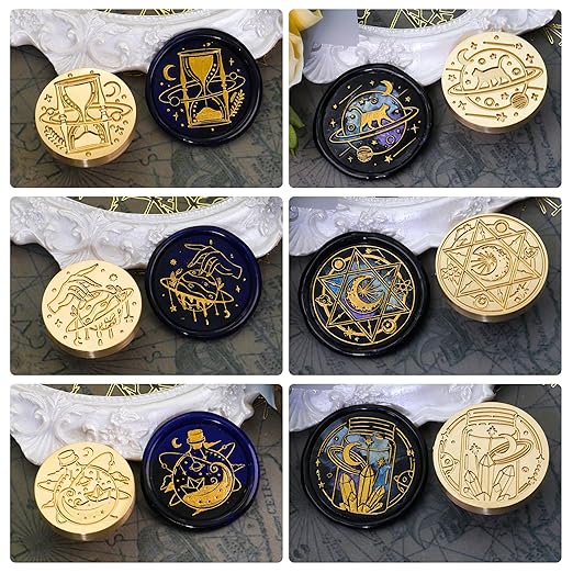 SWANGSA Magic Space Wax Seal Stamp Gift Box Set, Vintage 6 Sealing Stamp Heads + 1 Wooden Hilt, Wax Stamp Kit for Party Invitations, Envelops, Cards and Gift Packaging (Magic Space)