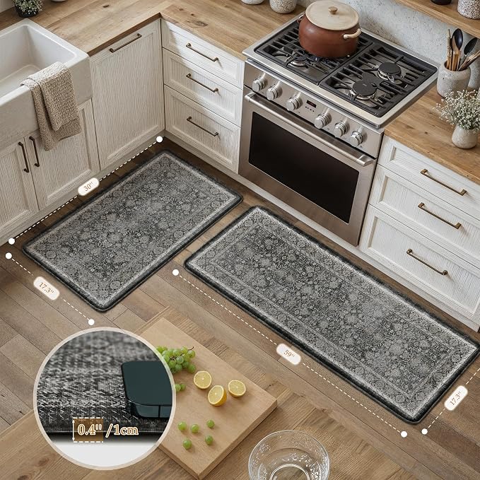 PureCozy Kitchen Mats 2PCS Anti Fatigue Cushioned Mat Black Vintage Kitchen Mats for Floor Waterproof Non Slip Comfort Standing Distressed Rug for Sink Laundry Office 17.3"x59"+17.3"x30"