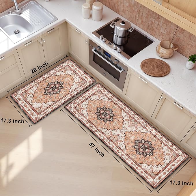 Boho Kitchen Mats for Floor 2 Piece Set Anti Fatigue Cushioned PVC Kitchen Rugs Non Slip Waterproof Farmhouse Mats 2/5 Inch Comfort Standing Mat for Sink, Laundry, 17.3"x47"+17.3"x28", Orange