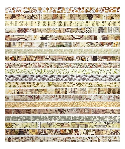 Vintage Brown Skinny Washi Tape Set 20 Rolls -Antique Patterns Masking Thin Basic Decorative Tapes for Arts, DIY Crafts, Bullet Journal, Planners, Scrapbook Decor, Gift Wrapping, Junk Journal