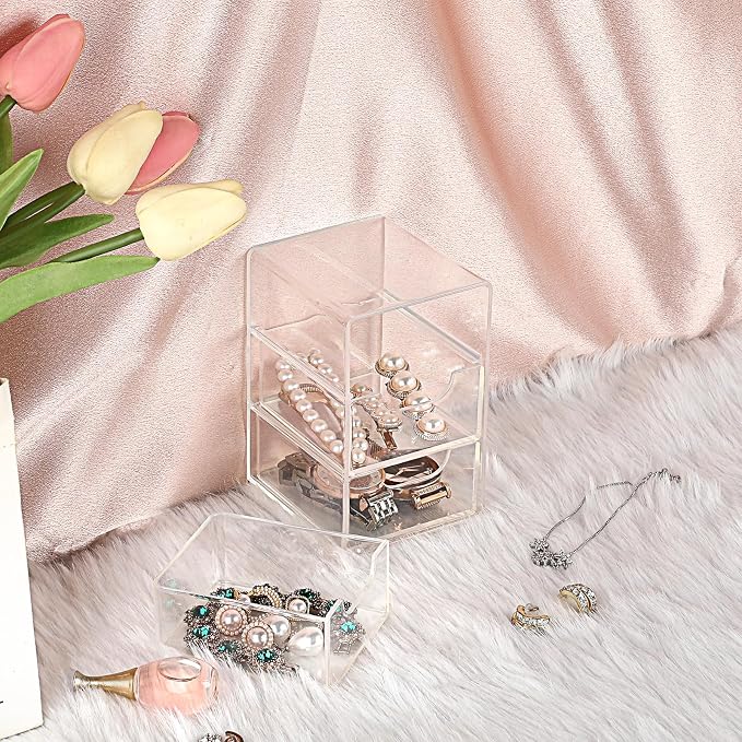 BTSKY 1 Pack Small Acrylic Storage Organizer with Drawers, 3-Layer | Clear Desktop Organizer for Office Supplies Mini Storage Box with Drawers for Desk, Desktop Makeup Drawer Jewelry Storage Box