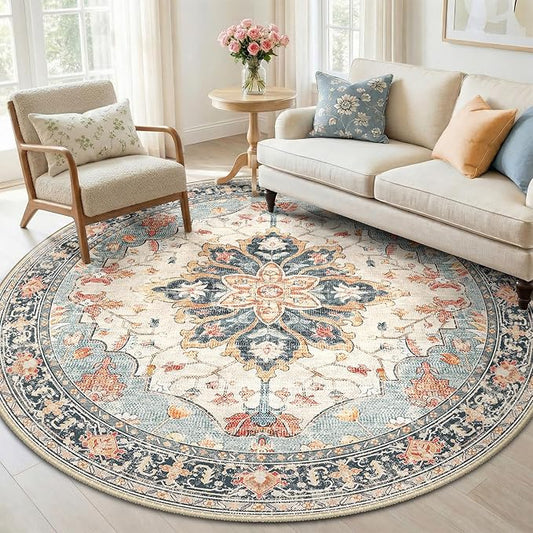 RELEANY Area Rugs Round 6ft Washable Non-Slip, Floral Vintage Distress Medallion Carpet for Living Room Bedroom Dining Room, Beige Navy Blue Orange Colorful