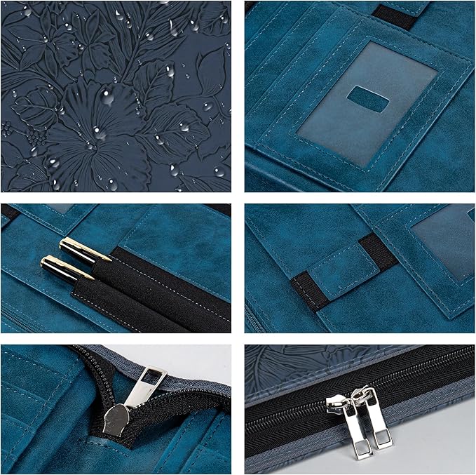 Dark Blue Embossed Portfolio Binder,Padfolio for Men and Women,Vegan PU Leather Padfolio with Zipper,A4 Planner Folder with Laptop Pocket, WorkBinder Organizer for Resume/Interview