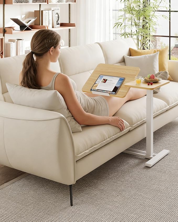 SANODESK 32''Overbed Table Gas Spring Lifting with Wheels&Tilting Desktop | Rolling Mobile Laptop Desk End Table,Portable Computer Workstation for Home Office,Sofa,Bedside,31.5" W x 17.7" D,Maple