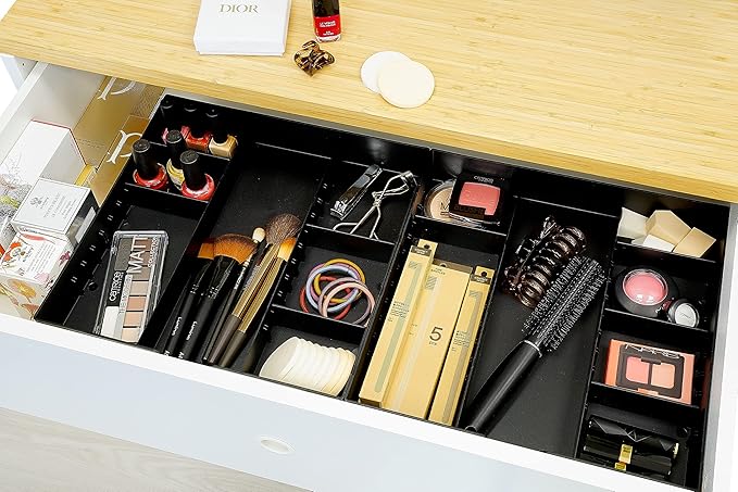 CAXXA 3 Slot Drawer Organizer with 4 Adjustable Dividers - 7 Compartments Junk Drawer Storage for Makeup & Vanity, Office Desk Supplies and Accessories, BLACK (2 pack)