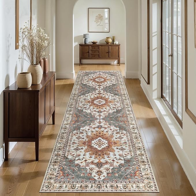 Tangsoo 2.6x8 Washable Runner Rug for Hallways, Non Slip Vintage Runner, Soft Low Pile Long Rug Runner, Print Distressed Turmeric Carpet Runners for Kitchen Bedroom Entryway Bathroom Living Room