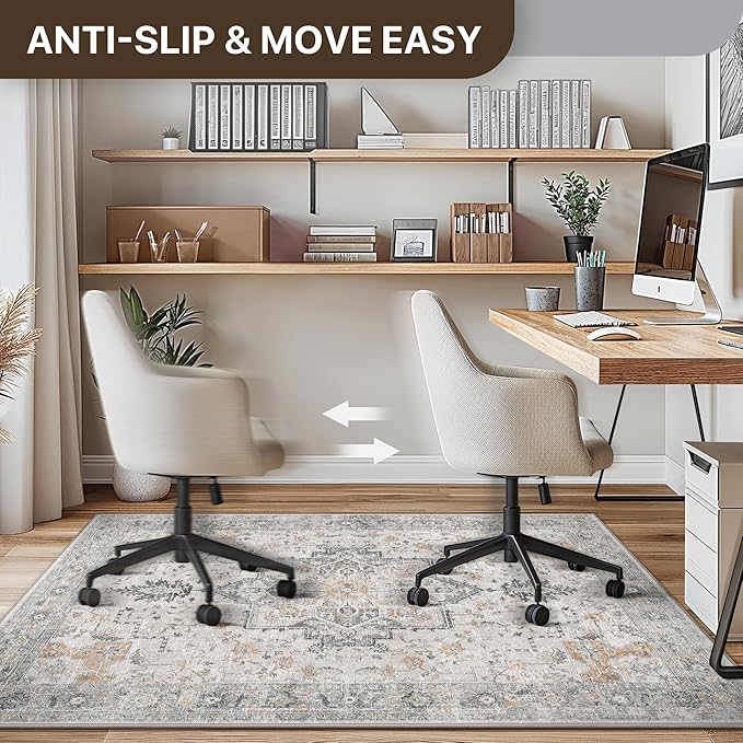 Office Chair Mat for Hardwood Tile Floor, Under Desk Carpet Protector for Rolling Computer Chair Mat, Round Washable Rugs 4ft Circle Area Rug, Anti-Slip 1/5" Thick Low Pile Thin Floor Mat, Taupe