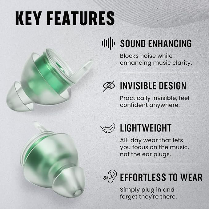 Plugz Lightweight Green High Fidelity Ear Plugs - Easy to Wear Concert Ear Protection, All-Day Comfort Earplugs Noise Cancelling Up to 23dB, One Pair Invisible Ear Plugs in Sleek Portable Case