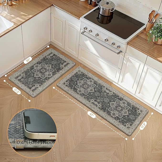 GENIMO Kitchen Mats for Floor 2PCs, Washable Anti Fatigue Mat for Cushioned, 17.3"x47"+17.3"x30", Waterproof Kitchen Rugs, Non Slip Comfort Standing Mat Rug for Home, Sink, Laundry, Midnight Gold