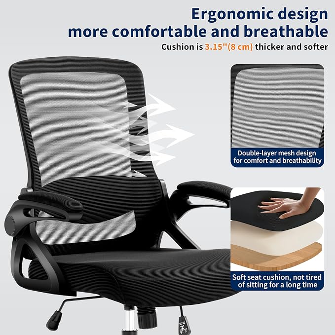 Ergonomic Office Chair, Desk Chair with Adjustable Lumbar Support, Breathable Mesh Comfy Computer Chairs with Flip-up Armrests Executive Task Chair for Adults Home Office (4Pcs)