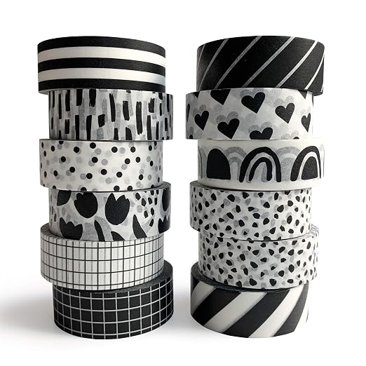 Washi Tape Set of 12 Rolls of 15 mm Wide Cute Decorative Washi Tape for Journaling, Scrapbook, Washy Crafts, Bullet Journals, Planners, DIY Décor, Craft Supplies For Adults & Kids (Black and White)