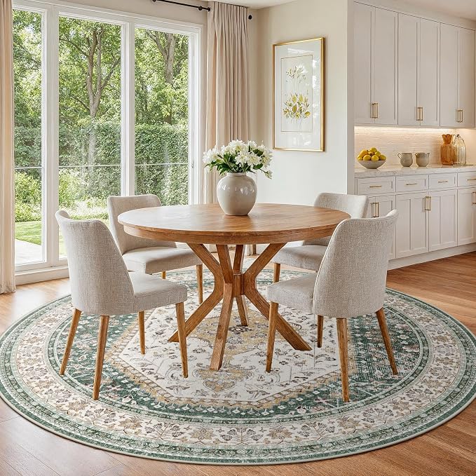 Puino 6FT Round Area Rugs for Living Room: Circle Rugs Machine Washable Oriental Low Pile Soft Non Slip Backing Vintage Indoor Rug for Bedroom Nursery Dining Room Home Office Green/Beige