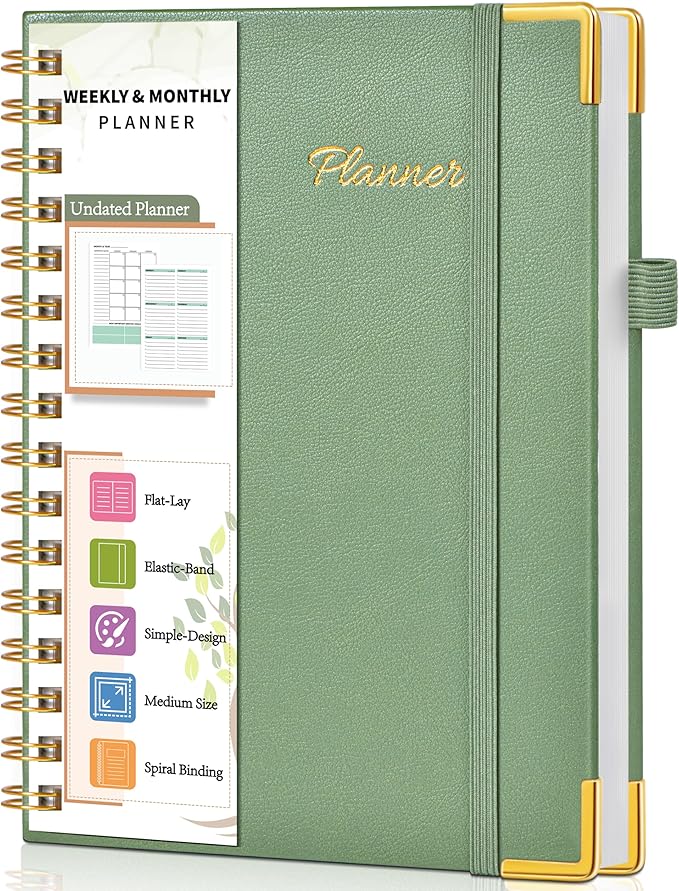 Undated Weekly Planner, Hardcover Leather Weekly & Monthly Calendar Blank Planner, To Do List Notebook with Goal & Habit Tracker Organizer, A5 Daily Planner with Spiral Binding, Ideal for Work School Home, Green