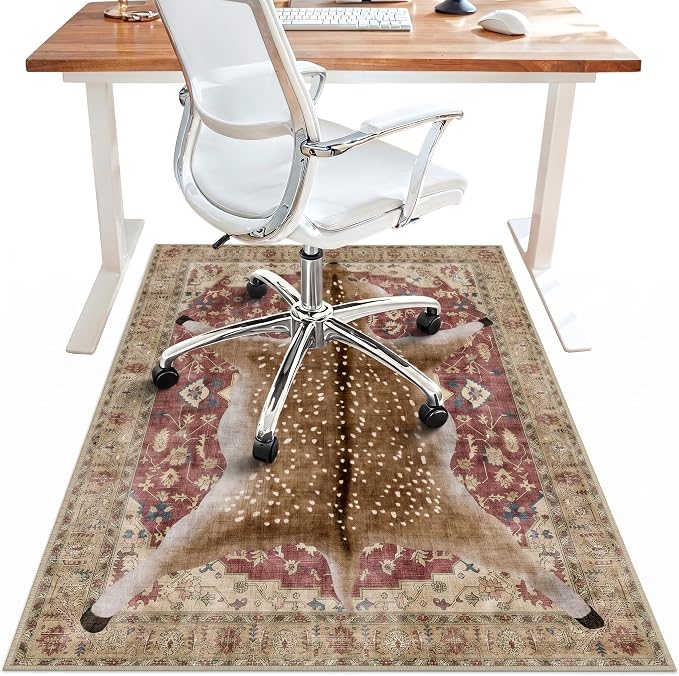 36"x48" Office Chair Mat for Hardwood Tile Floor, Under Desk Carpet Protector for Rolling Computer Chair Mat, Machine Washable Area Rug, Anti-Slip 1/5" Thick Low Pile Thin Vinyl Floor Mat, Red Yellow