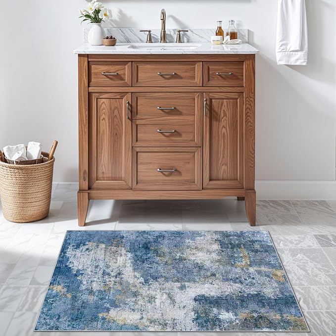 Washable 2x3 Entryway Area Rug: Modern Soft Ultra Thin Door Mat with Non-Slip Backing Stain Resistant Carpet for Bedroom Low Pile Floor Rugs for Kitchen Bathroom Easy Clean Rug for Family 2X3 BlueW