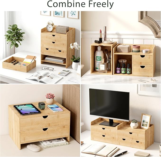Wisuce Desk Organizer with Drawers - Bamboo Desktop Organizer Storage Natural Wood Desk Drawers Organizer for Bills, Office Supplies, Cosmetics, Seals No Assembly Required 3 Drawers（left-right)