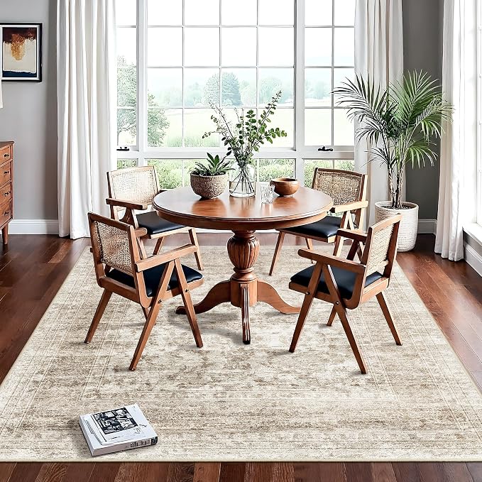 7x7 Square Rug for Living Room: Washable Ultra Thin Soft Rugs for Bedroom Dining Room Home Office Oriental Stain Resistant Carpets with Non-Slip Backing Farmhouse Home Decor Mat 7x7 Beige Brown