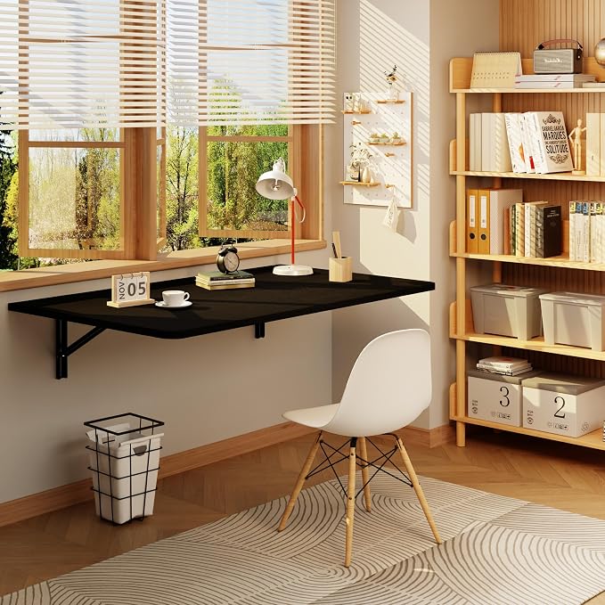 Floating Foldable Desk,Wall Mounted - Folding Computer Table with Engineered Wood,Study Table with Shelf Brackets,Fold Down Shelf,Fold Computer Desk for Small Apartment,Holds 500 lb,36" x 22",Black