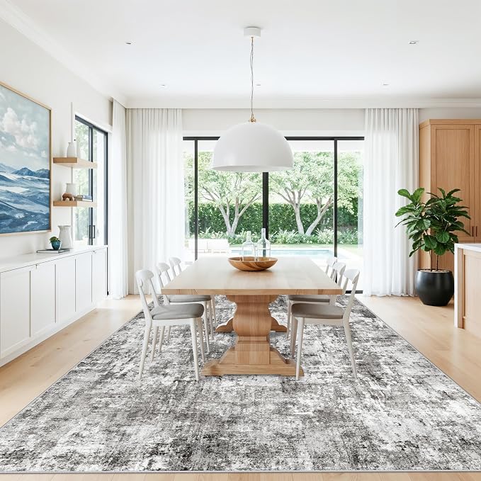 12x12ft Square Living Room Rug – Non-Slip Washable Extra Large Floor Carpet for Bedroom, Dining Room, Playroom Room – Modern Abstract Neutral Thin Low-Pile Big Indoor Rug (Grey)