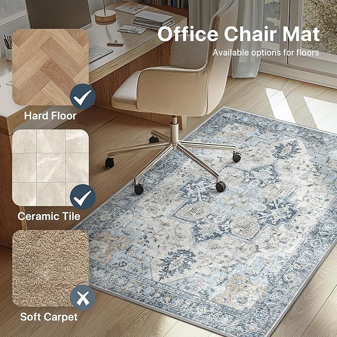 36"x60" Office Chair Mat for Hardwood Tile Floor, Under Desk Carpet Protector for Rolling Computer Chair Mat, Machine Washable Area Rug, Anti-Slip 1/5" Thick Low Pile Thin Vinyl Floor Mat, Blue
