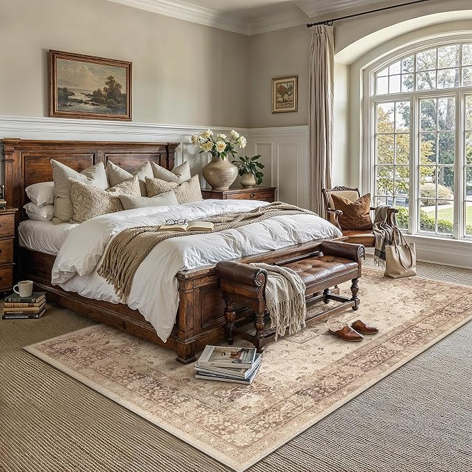 PureCozy Brown 5x7 Area Rug Washable Vintage Living Room Carpet Non Slip Retro Distressed Low Pile Soft Oriental Medallion Thin Throw Rug for Kitchen Bathroom Office Bedroom Dining Room