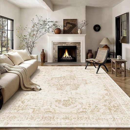 9x12 Vintage Washable Area Rugs Boho Medallion Large Distressed Retro Accent Carpet Floral Non-Slip Soft Low Pile Indoor Throw Rug for Living Room Bedroom Dining Room Office Kitchen, Beige