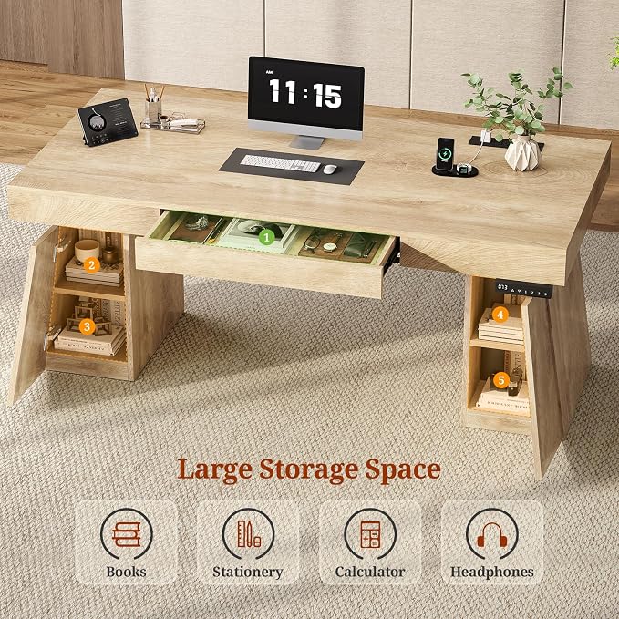 UPOSOJA 55 in Executive Standing Desk, Modern Electric Height Adjustable Desk with Drawer, Storage Cabinet, Shelves, Power Outlet, Wood Sit Stand up Computer Desks for Home Office, Natural Oak