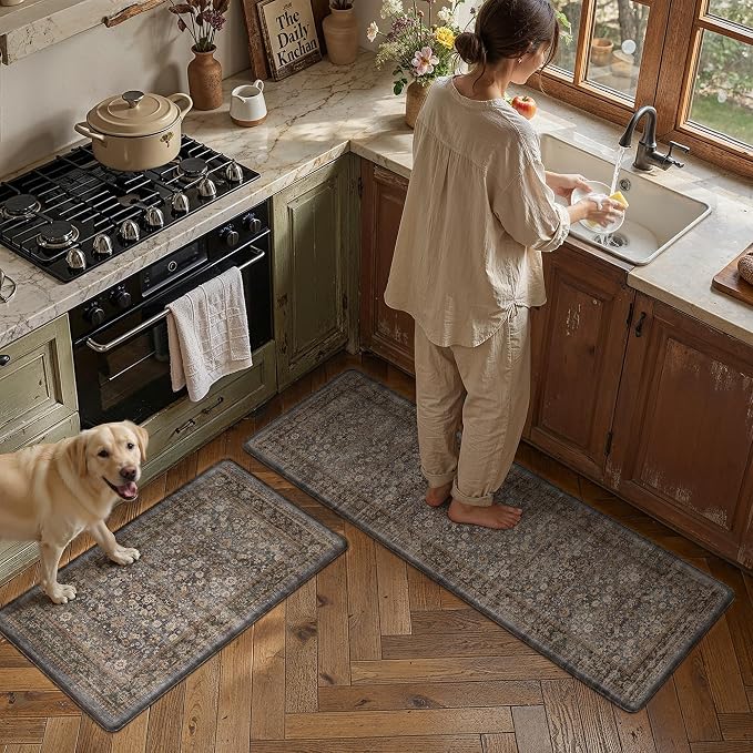 2-Piece Blue Brown Vintage Kitchen Mat Set | Wider, Washable, Anti Fatigue, Non Slip, Soft, Vintage, Floral, Distressed, Farmhouse, for Sink Entryway Bathroom Laundry