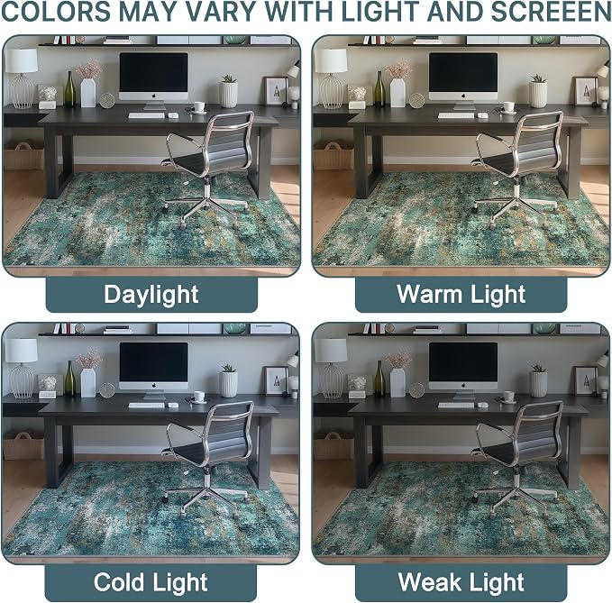 36"x60" Office Chair Mat for Hardwood Tile Floor, Under Desk Carpet Protector for Rolling Computer Chair Mat, Machine Washable Area Rug, Anti-Slip 1/5" Thick Low Pile Thin Vinyl Floor Mat, Teal Blue