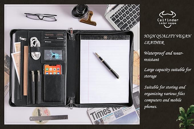 Calfinder Personalized Portfolio for Women&Men, Free Name Engrave,Customized Leather Padfolio with Logo or Name, Business Portfolio with A4 Writing Pad Holder for Resume,Gift for Father's Day