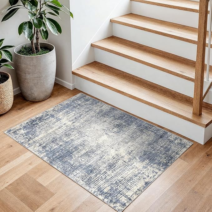 Washable Entryway 2x3 Area Rug: Small Abstract Kitchen Rugs for Indoor Bathroom Entrance Non Slip Door Mat with Rubber Backing Ultra Thin Soft Carpet for Bedroom Pet Feeding Area (Blue Gray,2x3)